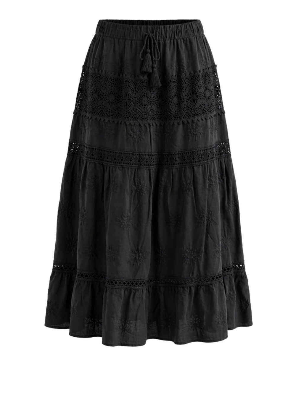 Ultra Pink Boho Chic Embroidered Tiered Cotton Maxi Skirt Black L NEW